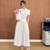Đầm công sở vải thô dáng chữ A cổ bẻ phối khuy tạo kiểu tay cộc eo đáp cạp bản to kèm đai lưng co giãn - PANTIO